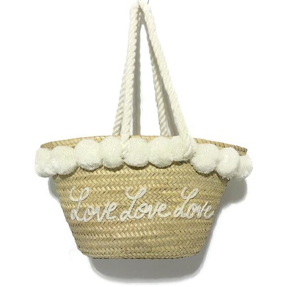 Bonita Moroccan Market Beach Bag Love Motif With Large Pom-Poms Brown Tan - Picture 1 of 8
